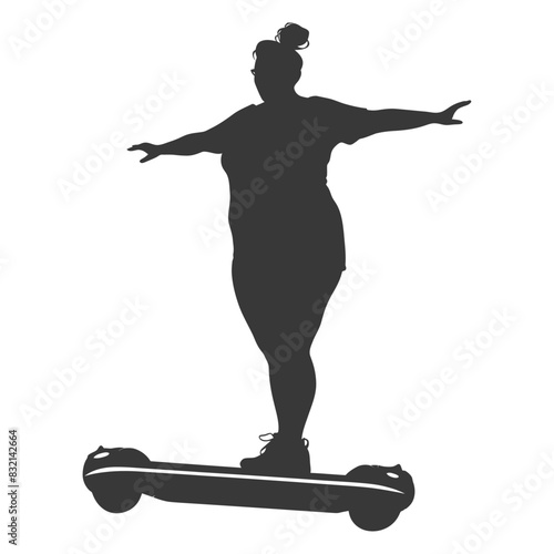 silhouette fat woman riding hoverboard full body black color only