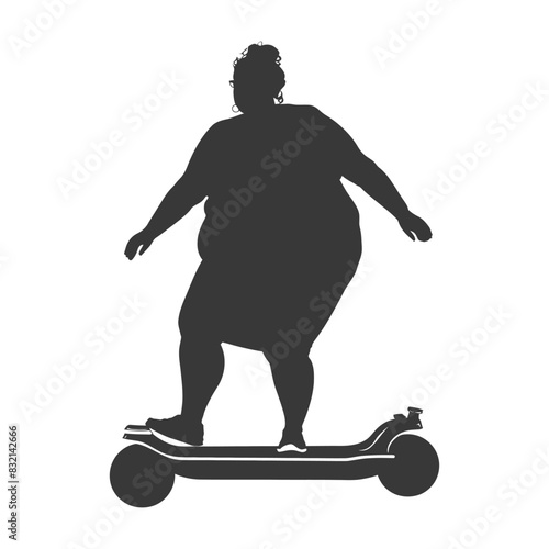 silhouette fat woman riding hoverboard full body black color only