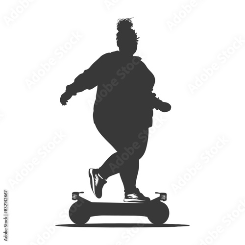silhouette fat woman riding hoverboard full body black color only