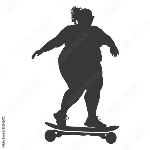 silhouette fat woman riding hoverboard full body black color only