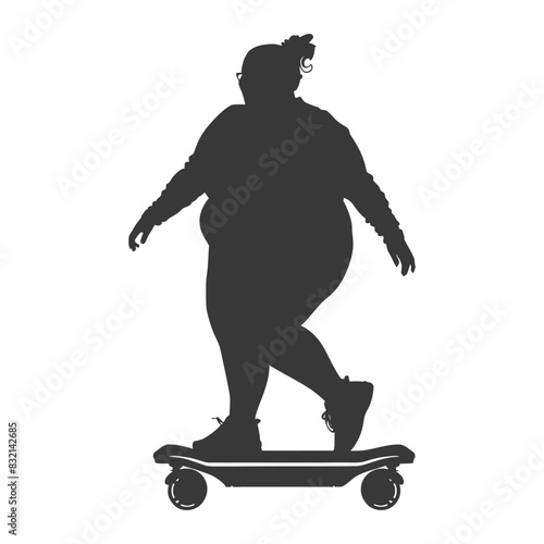 silhouette fat woman riding hoverboard full body black color only