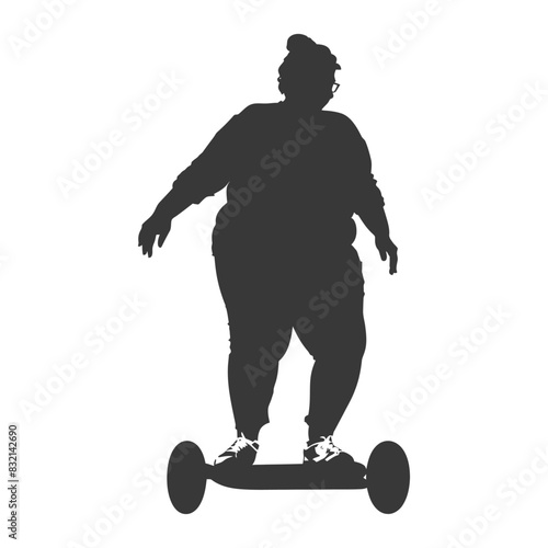 silhouette fat woman riding hoverboard full body black color only
