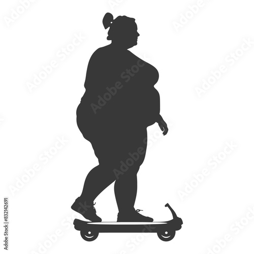 silhouette fat woman riding hoverboard full body black color only