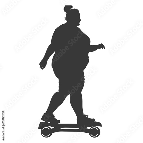 silhouette fat woman riding hoverboard full body black color only