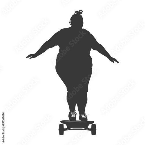 silhouette fat woman riding hoverboard full body black color only
