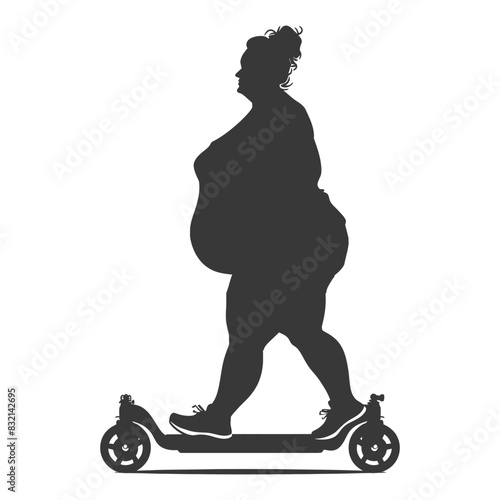 silhouette fat woman riding hoverboard full body black color only
