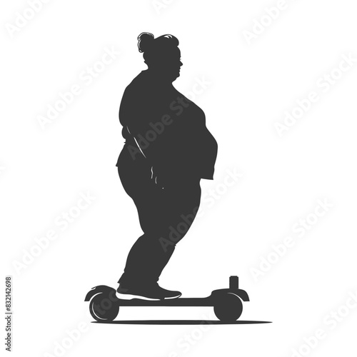silhouette fat woman riding hoverboard full body black color only