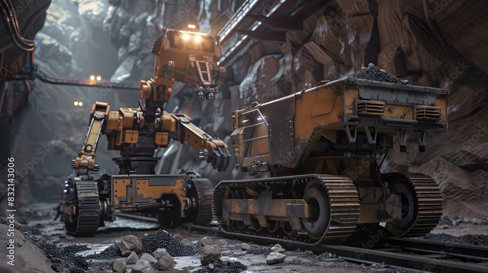 A mining robot in a cave next to a trolley filled with ore A mining robot in a cave next to a trolley filled with ore
