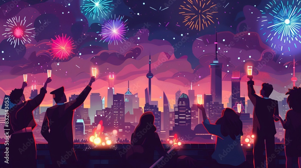 Fototapeta premium A group of friends celebrating New Year Day at a rooftop party with a city skyline and fireworks in the background cartoon Vector Illustration Generative AI