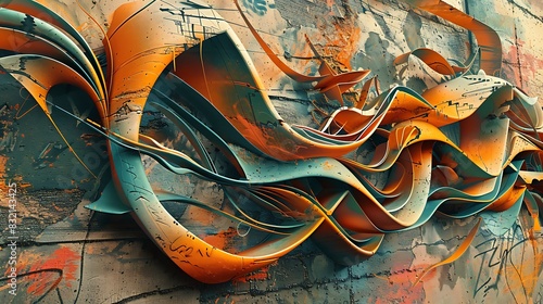 An urban graffiti wall with a hidden 3D abstract sculpture effect
