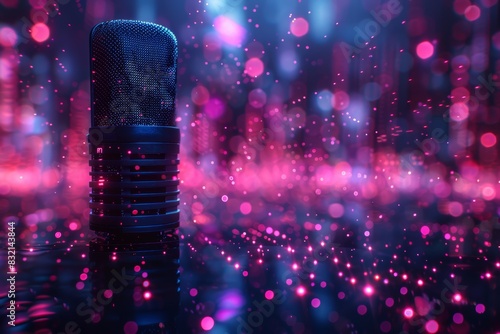 A microphone captures audio against a backdrop of vibrant neon lights and digital audio waveforms.