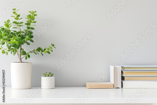 a clean minimalist white desk with books and plant