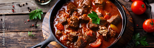 Hungarian goulash with vegetables and meat in a  bowl on a dark shelf with tamatos and spices eid ul azha special photo