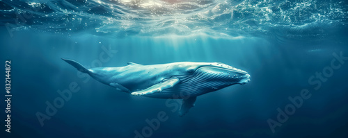 Giant whale swimming in the blue warm ocean. photo