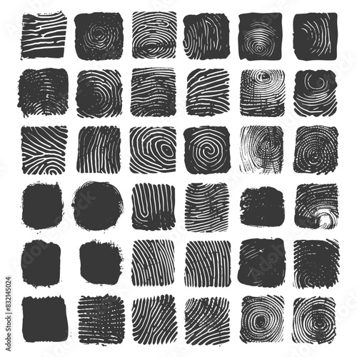 Grid of Textured Fingerprint Impressions: Unique Patterns and Black Ink Blocks.