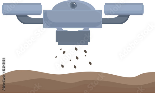 Illustration of a hightech agricultural drone using smart technology for precision seed distribution and automation in the field, showcasing the innovative process of crop cultivation and planting