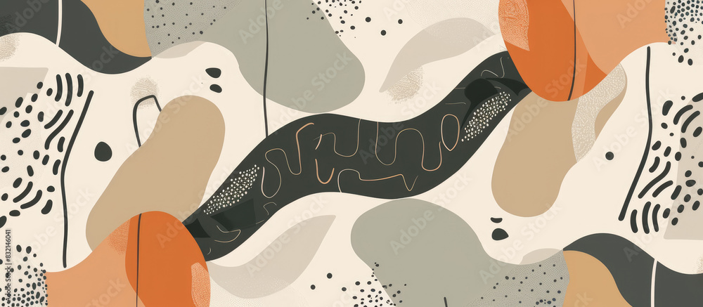 Abstract organic shapes and lines in an elegant, modern pattern with earthy tones of terracotta, beige, grey and brown on a light background Abstract organic shapes and lines in an elegant, modern pattern with earthy tones of terracotta, beige, grey and brown on a light background
