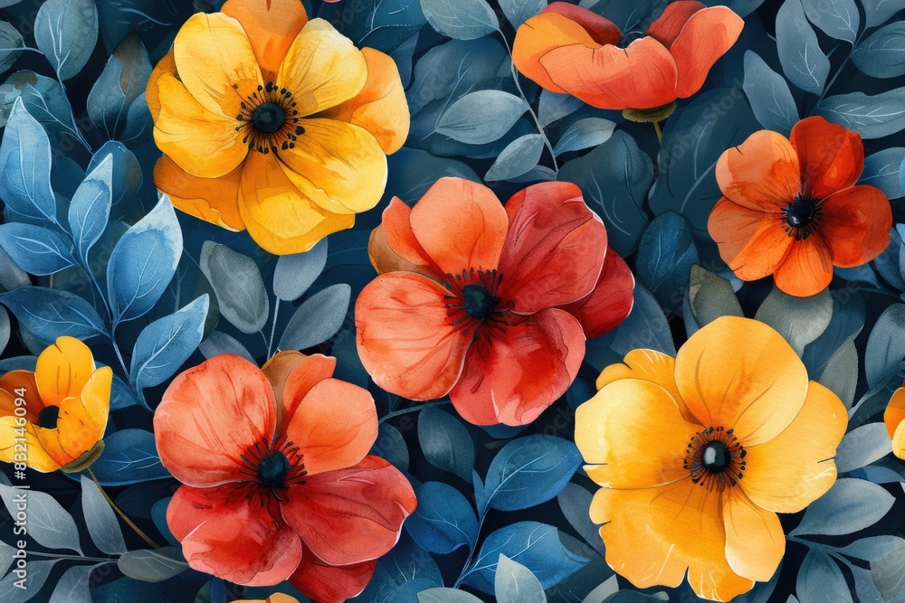 custom made wallpaper toronto digitalVibrant Floral Bloom: Striking Red and Yellow Flowers Amidst Lush Leaves