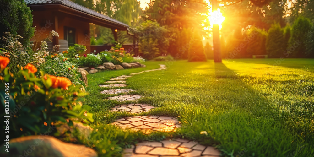 Fototapeta premium Charming house with a stone path winding through a lush garden under the warm glow of a beautiful sunset 