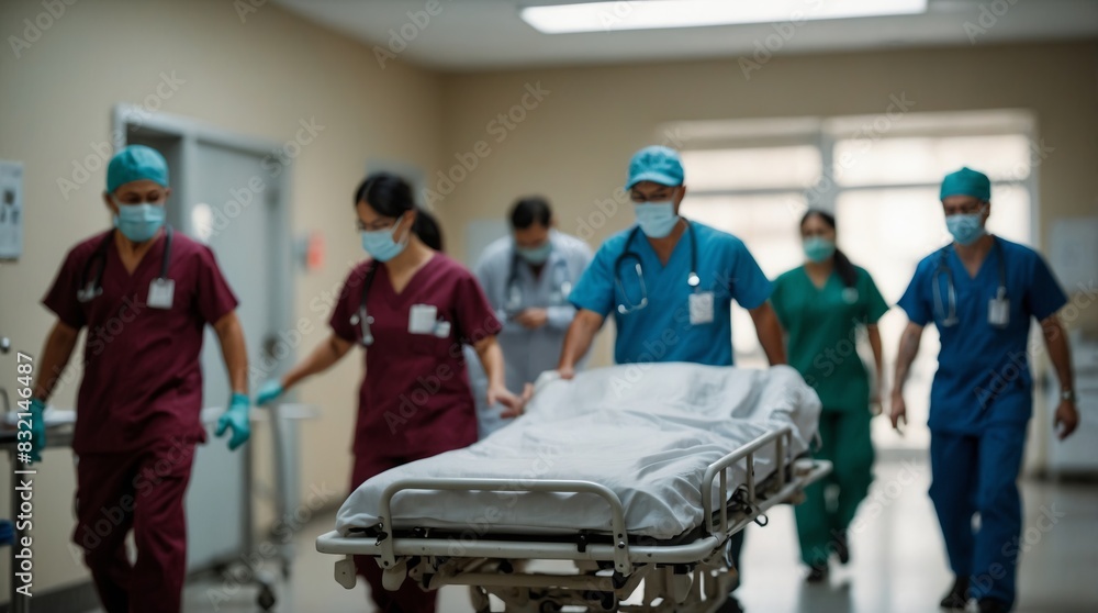 A group of medics and an empty hospital bed in the hallway A group of medics and an empty hospital bed in the hallway