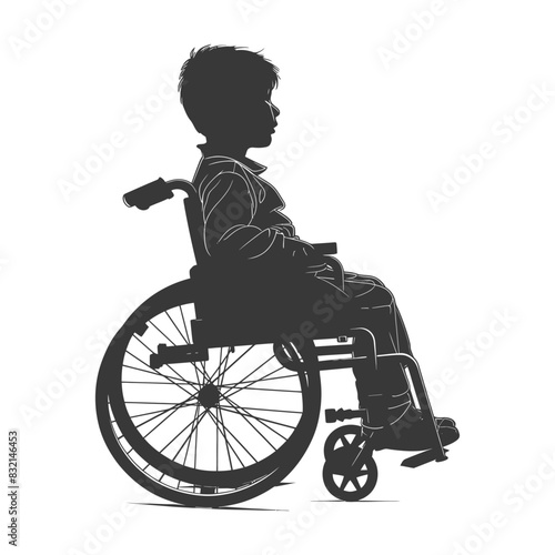 Silhouette of pensive boy in wheelchair, facing right.