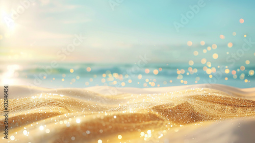 Delicate bokeh lights enhance the golden hues of a sandy beach under a pastel sky, photo