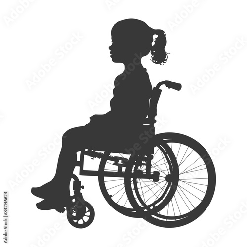 Silhouette of a young girl with ponytail in wheelchair, profile view.