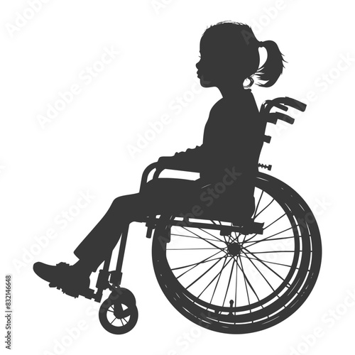 Silhouette of pensive young girl in wheelchair, side view, isolated on white.