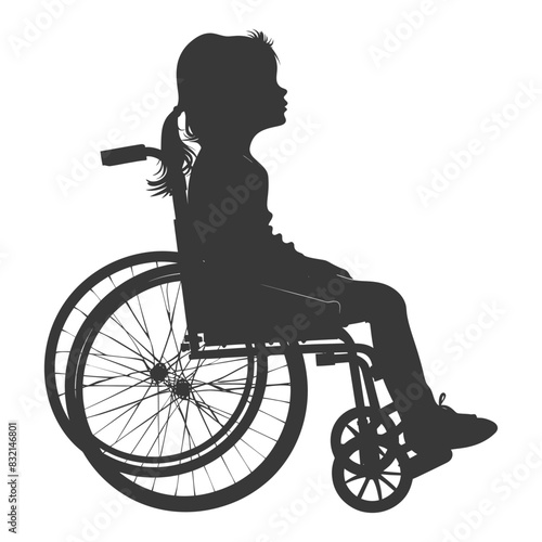 Silhouette of Girl with Ponytail Sitting in Wheelchair, Side View, Isolated.
