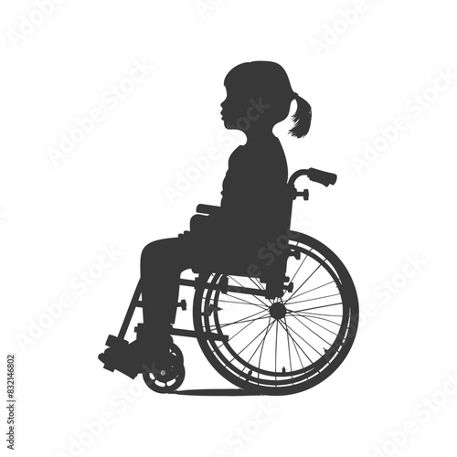 Silhouette of a Girl with Ponytail in Wheelchair, Isolated White Background.