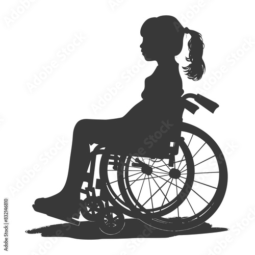 Silhouette of a Young Girl with Ponytail in Wheelchair, Profile View.