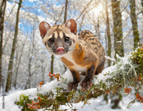 wild animal looking at the camera in a snowy forest. Large-spotted genet (Genetta tigrina) photo