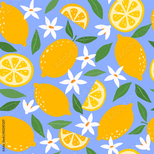 Trendy fruit citrus seamless pattern. Tropical bright summer background with hand drawn lemons, flowers and leaves. Modern design for paper, cover, fabric. Vector illustration.