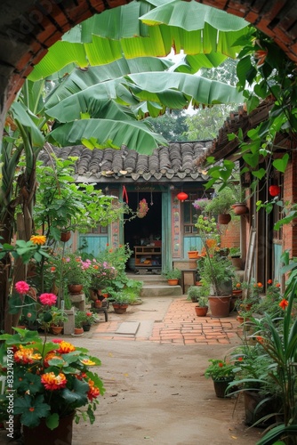 back courtyard of an old wooden house with vegetable and fruit plants