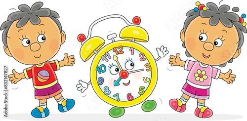 Happy little boy and girl doing morning exercises together with a funny alarm clock cartoon character, vector illustration isolated on a white background