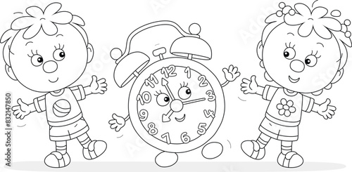 Happy little boy and girl doing morning exercises together with a funny alarm clock cartoon character, black and white vector cartoon illustration for a coloring book