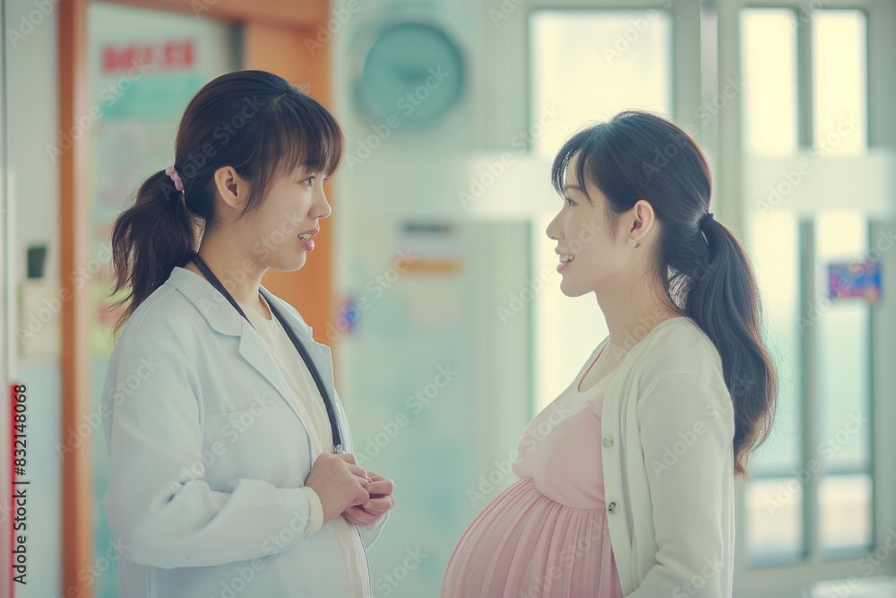 Female obstetrician talking with pregnant woman in clinical examination room Female obstetrician talking with pregnant woman in clinical examination room
