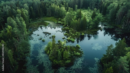 Forest area surrounded by water