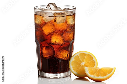 Soda drink with ice cubes and lemon slice. Isolated on white background. Ai generative