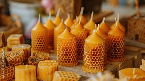 Close up  handcrafted beeswax candles  intricate patterns  natural honeycomb. Warm tones  texture  eco friendly  sustainable  organic  beekeeping  wax  artisanal  craftsmanship. Generative by AI.