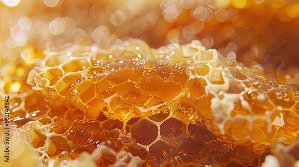 Close up, golden honey, honeycomb, blurred backdrop of honeycomb. Glare, delicacy, natural product, texture, bees, pollination, pollen, yellow, agriculture. Generative by AI. Close up, golden honey, honeycomb, blurred backdrop of honeycomb. Glare, delicacy, natural product, texture, bees, pollination, pollen, yellow, agriculture. Generative by AI.