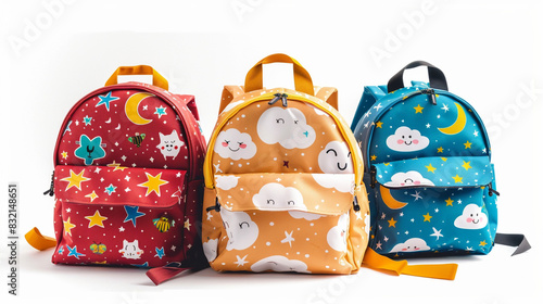 A dreamy portrayal of backpacks adorned with whimsical cartoon patterns, depicting stars, moons, and clouds in vibrant colors, set against a white background.