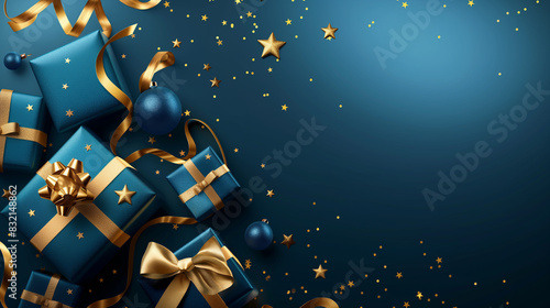 Dark blue Christmas background with gift boxes and gold baubles. Flat lay  top view  copy space.