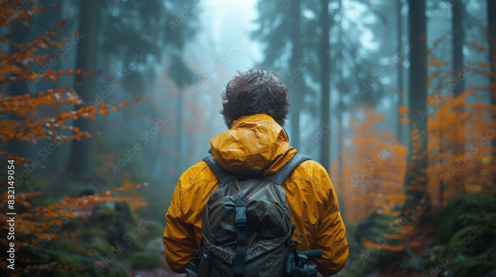 Solitary figure in yellow jacket standing in misty woods filled with atmosphere and fading fall colors