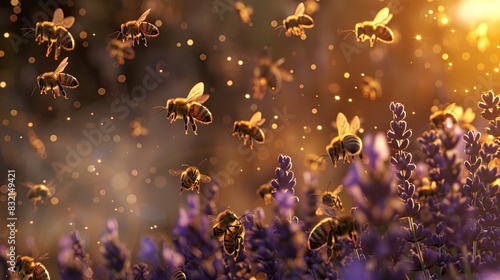 Honey bees swarm around flowering lavender bush. Honey  bees in the wild  pollination  pollen  insects  close up  beekeeping  agriculture  nature protection. Generative by AI.