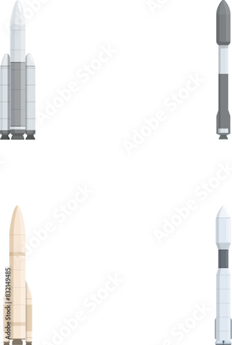Collection of four cartoonstyle space rockets in various designs, isolated on a white background