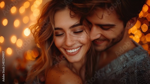 A loving couple is seen close together, smiling with background bokeh lights creating a romantic scenery