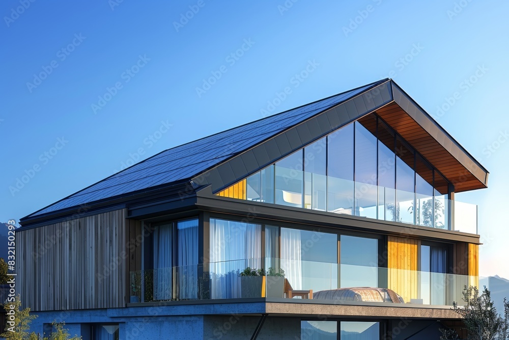 Modern House with Integrated Solar Panels on Flat Roof


