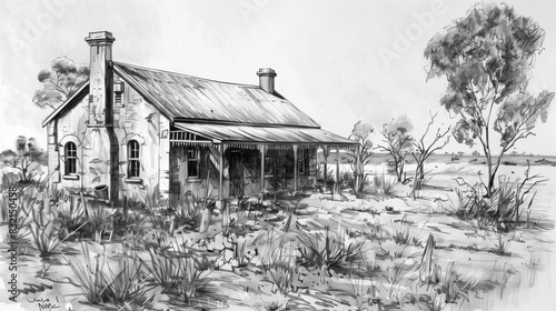old farm house in black and white pencil effect 
