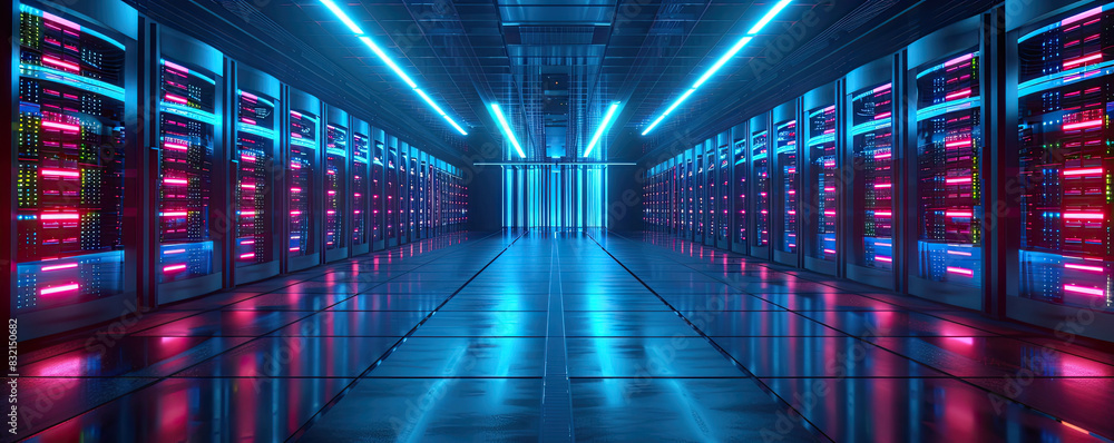Neon lights illuminate a server room, creating a futuristic atmosphere. Neon lights illuminate a server room, creating a futuristic atmosphere.